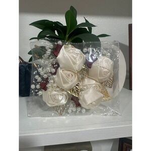 Formery White Satin Rose Boutonniere Set Pearl Beaded Wedding Corsage Pins